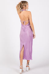 Lavender Knot Front Plisse Halter Midi Dress