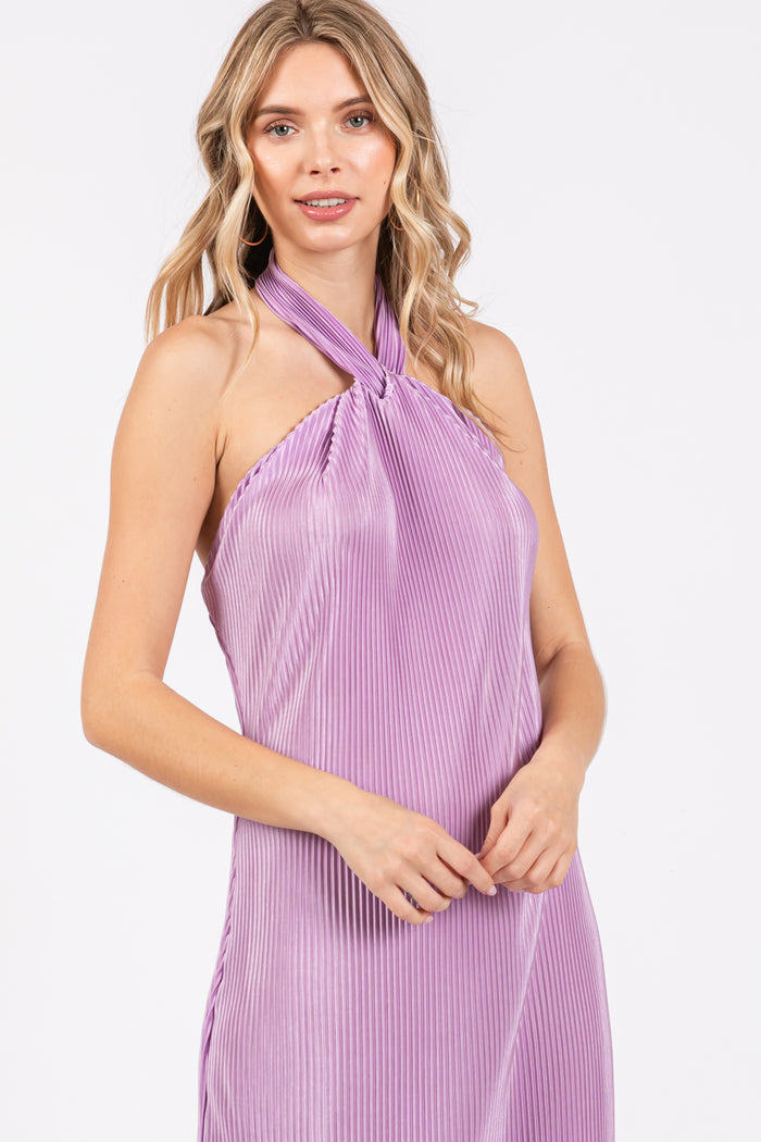 Lavender Knot Front Plisse Halter Midi Dress