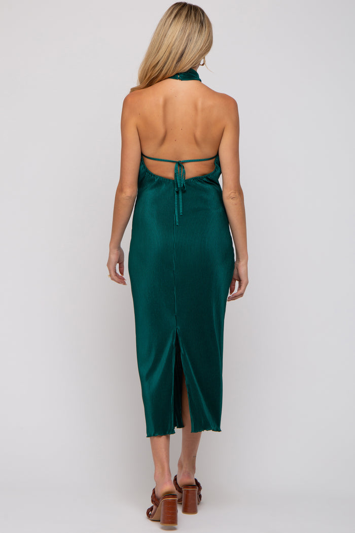 Forest Green Knot Front Plisse Halter Maternity Midi Dress