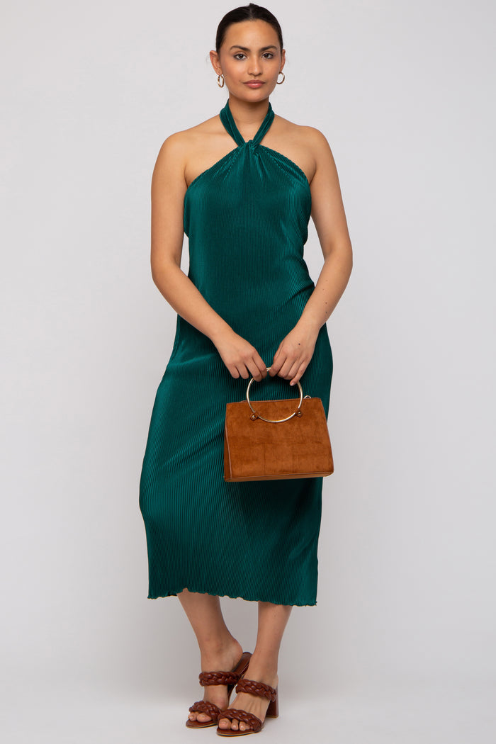 Forest Green Knot Front Plisse Halter Maternity Midi Dress
