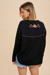 Black Thermal Embroidered Yoke Top