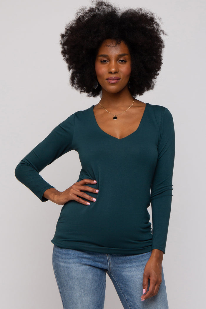 Forest Green V-Neck Long Sleeve Top