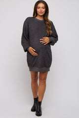 Charcoal Fleece Oversized Maternity Sweatshirt Mini Dress