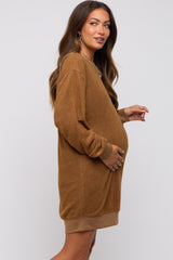 Brown Fleece Oversized Maternity Sweatshirt Mini Dress