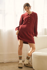 Burgundy Collared Button Front Sweater Dress