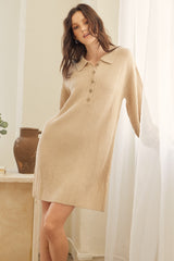 Beige Collared Button Front Maternity Sweater Dress