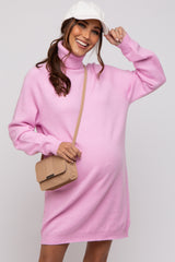 Pink Knit Long Sleeve Turtleneck Maternity Sweater Dress