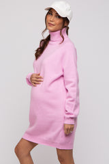 Pink Knit Long Sleeve Turtleneck Maternity Sweater Dress