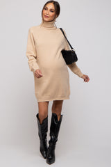 Beige Knit Long Sleeve Turtleneck Maternity Sweater Dress