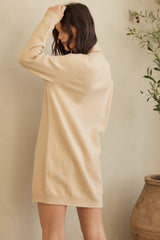 Beige Knit Long Sleeve Turtleneck Sweater Dress