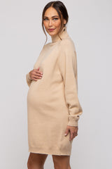 Beige Knit Long Sleeve Turtleneck Maternity Sweater Dress