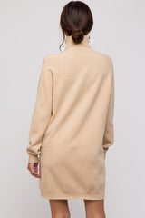 Beige Knit Long Sleeve Turtleneck Maternity Sweater Dress