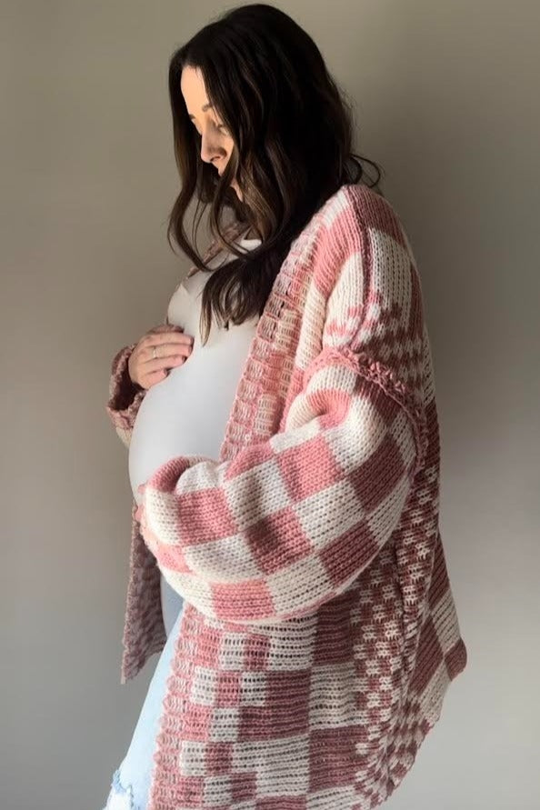 Mauve Checkered Oversized Chunky Knit Maternity Cardigan