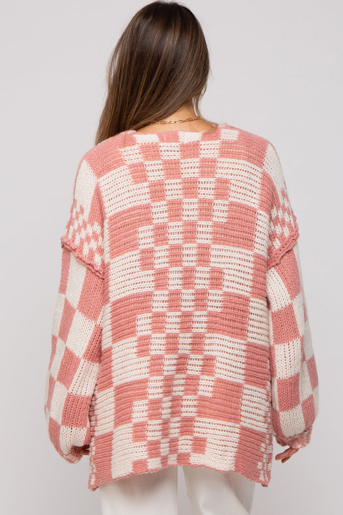Mauve Checkered Oversized Chunky Knit Maternity Cardigan