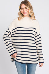 Cream Striped Mock Neck Sweater