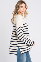 Cream Striped Mock Neck Sweater