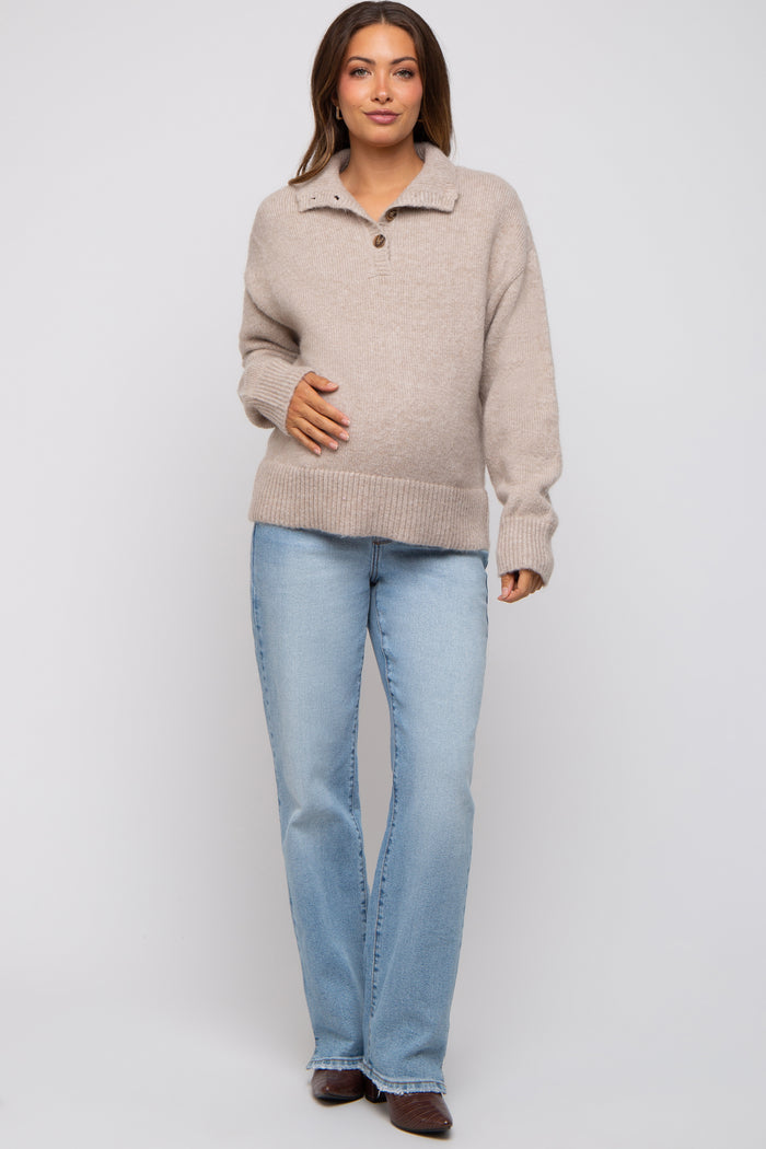 Beige Button Front Maternity Sweater