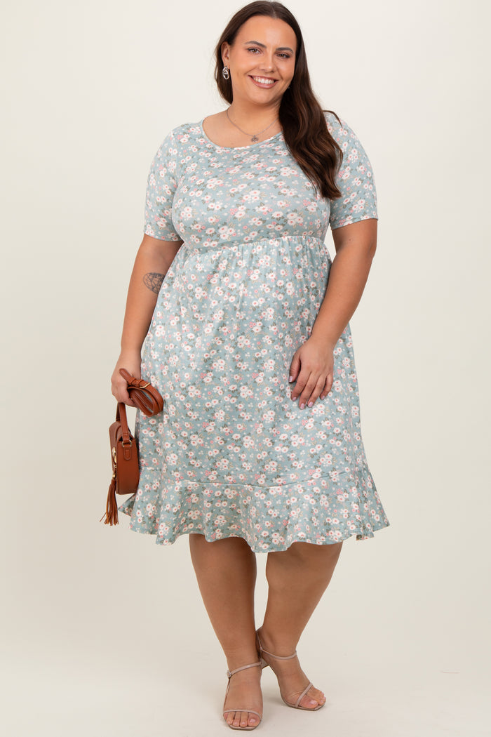 Light Olive Floral Knit Short Sleeve Maternity Plus Dress