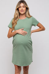 Sage French Terry Cuffed Short Sleeve Maternity Dress