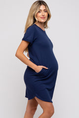 Navy French Terry Cuffed Short Sleeve Maternity Dress