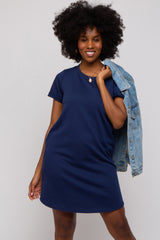 Navy French Terry Cuffed Short Sleeve Maternity Dress