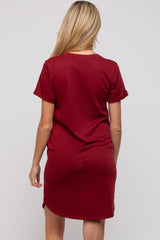 Burgundy French Terry Cuffed Short Sleeve Maternity Dress