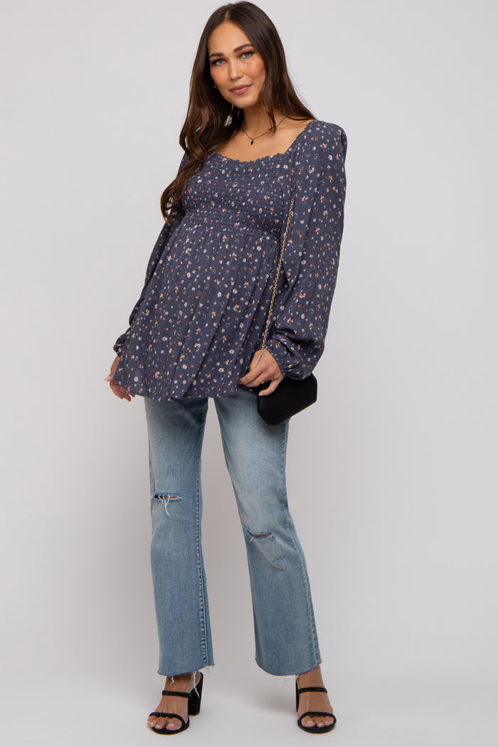 Navy Floral Smocked Long Sleeve Maternity Top