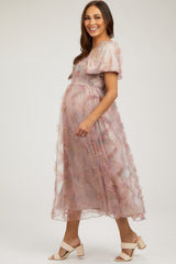 Light Pink Floral Ruffle Applique Puff Sleeve Maternity Midi Dress