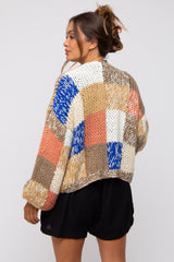 Brown Color Block Checkered Thick Knit Maternity Cardigan