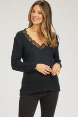 Black Lace V-Neck Maternity Sweater