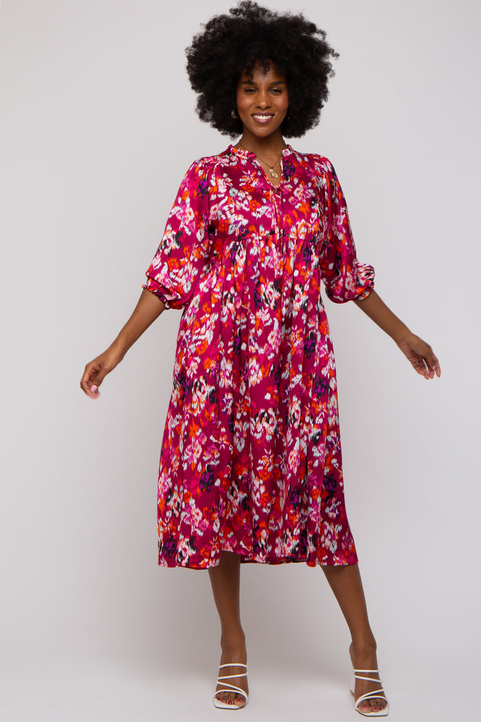 Magenta Floral Satin Ruffle Neck Midi Dress