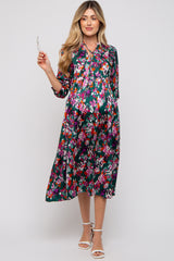 Forest Green Floral Satin Ruffle Neck Maternity Midi Dress