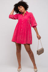 Fuchsia Corduroy Button Down Collared Maternity Dress