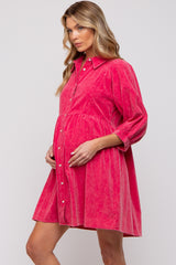 Fuchsia Corduroy Button Down Collared Maternity Dress