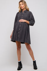 Charcoal Corduroy Button Down Collared Maternity Dress