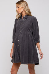 Charcoal Corduroy Button Down Collared Maternity Dress