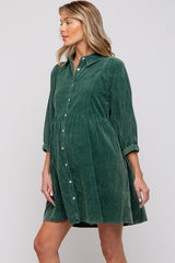 Green Corduroy Button Down Collared Maternity Dress