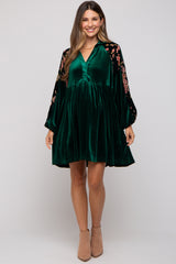 Forest Green Velvet Floral Long Sleeve Maternity Dress