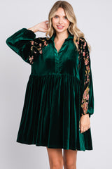 Forest Green Velvet Floral Long Sleeve Dress