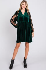 Forest Green Velvet Floral Long Sleeve Dress