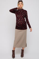 Burgundy Animal Print Mock Neck Maternity Top