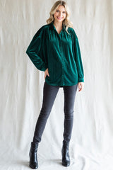 Forest Green Velvet Button Front Blouse