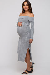 Grey Metallic Ribbed Side Slit Off Shoulder Maternity Midi Dress