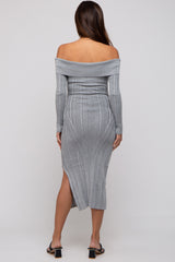 Grey Metallic Ribbed Side Slit Off Shoulder Maternity Midi Dress