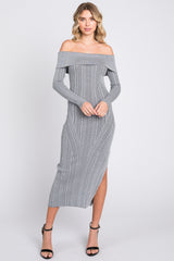 Grey Metallic Ribbed Side Slit Off Shoulder Maternity Midi Dress