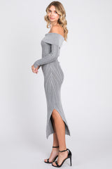 Grey Metallic Ribbed Side Slit Off Shoulder Midi Dress