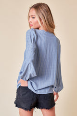 Dusty Blue Long Sleeve Plaid Textured Blouse