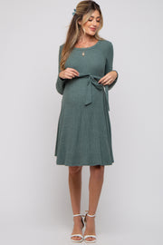 Green Soft Rib Knit Sash Tie Maternity Dress