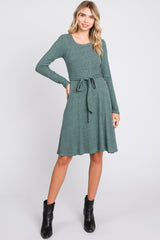 Green Soft Rib Knit Sash Tie Dress