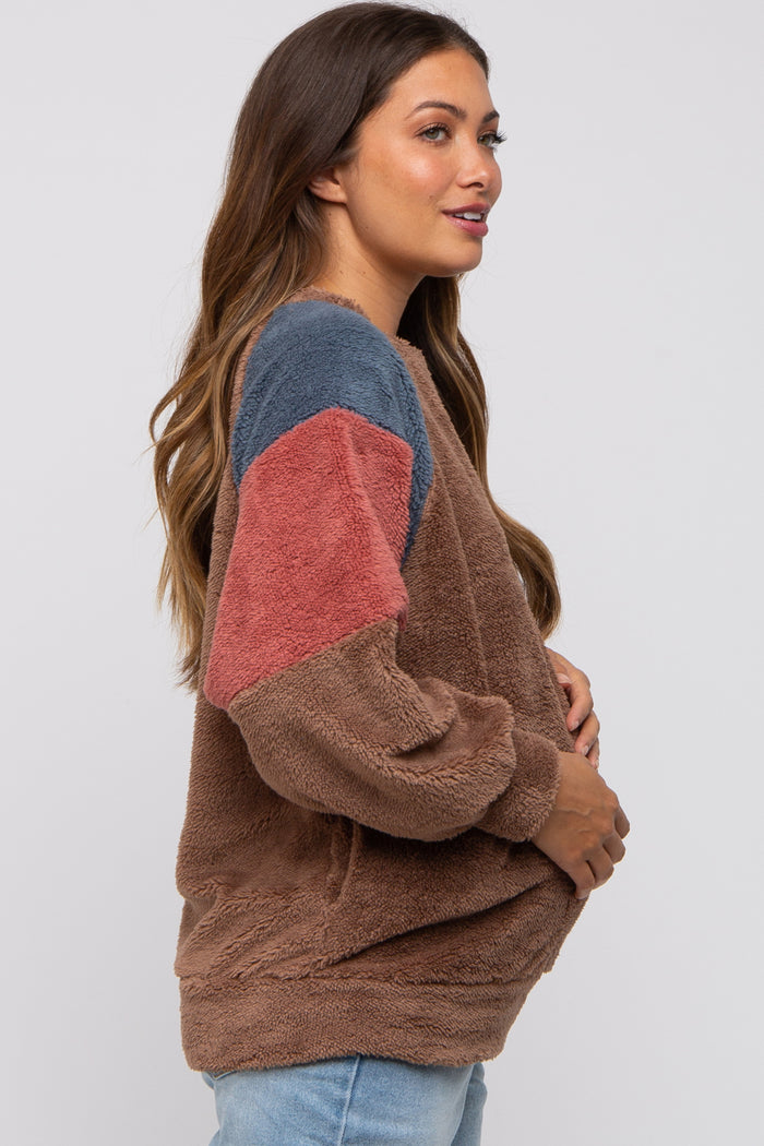 Brown Colorblock Soft Fleece Pullover Maternity Sweater